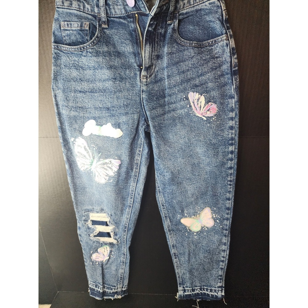 Justice Girls SIZE 14 Mini Mom Butterfly patched Jeans Dark Medium Wash